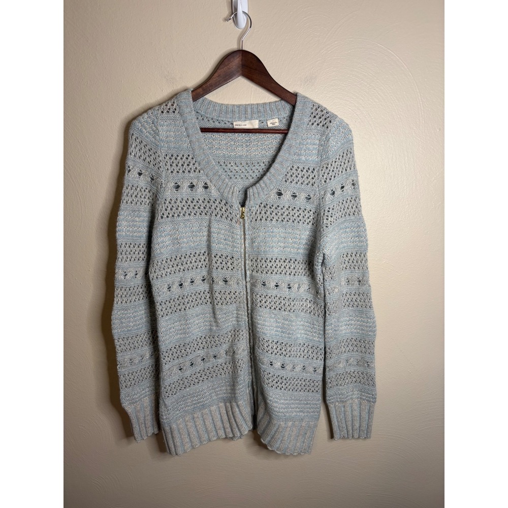 Sleeping on Snow Zip Cardigan Women L Blue Wool Angora Pointelle Shimmer Boho